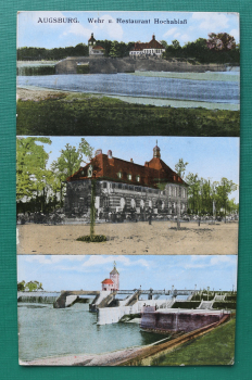 AK Augsburg / 1910-1925 / 3-Bild-Karte / Restaurant Hochablaß / Wehr / Architektur